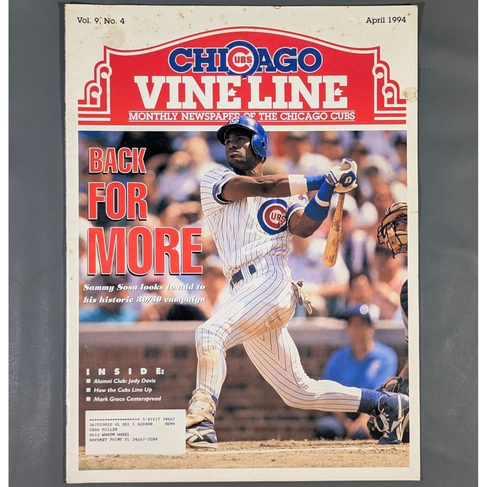 April 1994 Chicago Cubs Vine Line Newspaper Sammy Sosa Mark Grace Vol 9 No 4
